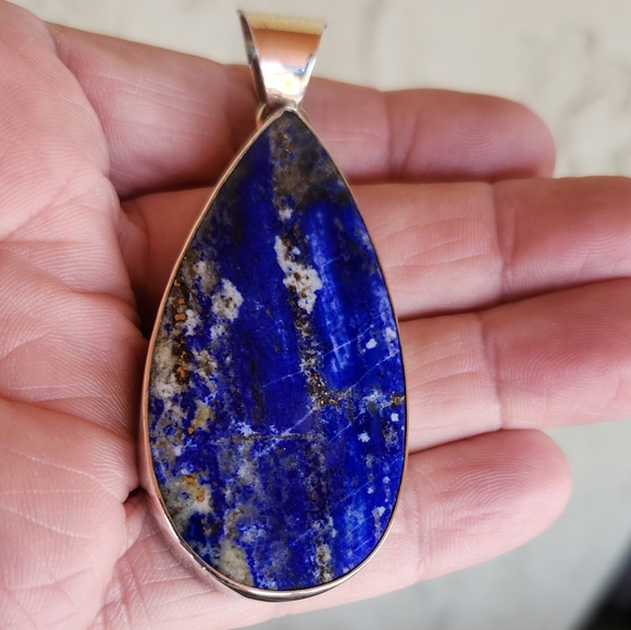 Sterling Silver SIGNED Lapis Pendant, And High Shine Sterling Necklace Set - Picture 4 of 17